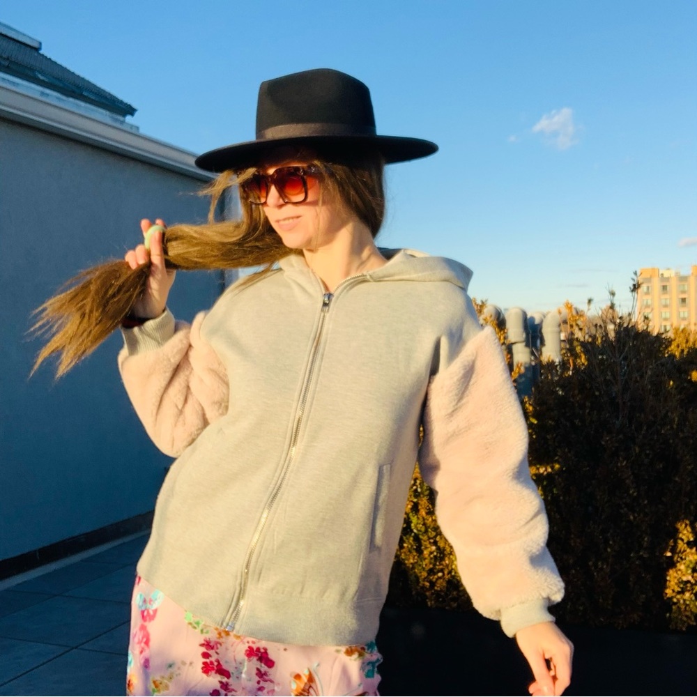 Bershka Vegan Fur Statement Sleeves Robbed Hem Cuffs Hoodie Zip up Jacket